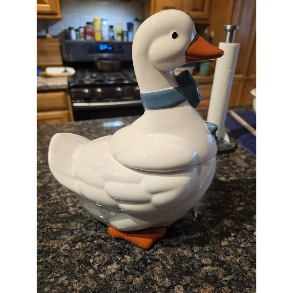 Vintage Country Goose Blue Bow Ceramic Cookie Jar Cottage Core Grandma  13